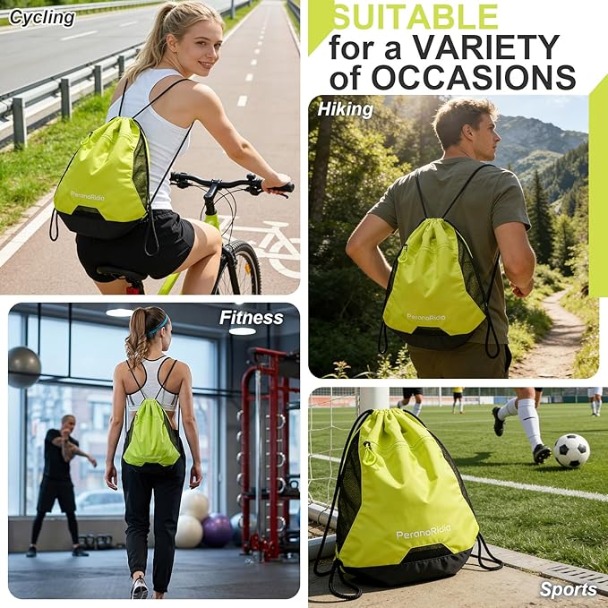 Waterproof Drawstring Backpack for Men/Women, Lightweight Sports Bag for Gym, Beach, Swim, Hiking, Running & Cycling, Anti-Stain with Quick-Access Mesh Pocket, Green 14.2"×2.8"×17.7"