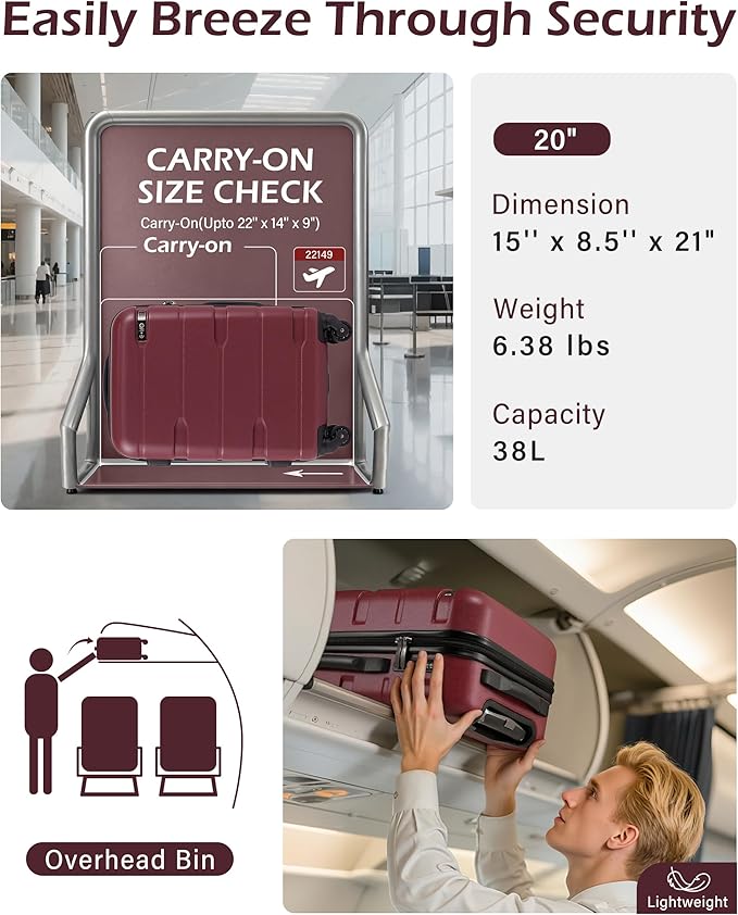 Coolife Carry On Luggage 22x14x9 Airline Approved Hardside PC+ABS Suitcase with TSA Lock, Lightweight Rolling Travel Luggage with Spinner Wheels(Radiant Pink, 20in)