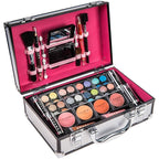 SHANY Carry All Make up Train Case with Pro Makeup Set, Beauty Brushes, Lipsticks, Eye Shadows, Blushes, Powders, and more - Reusable Cosmetics Storage Organizer - Premium Gift Packaging - Silver