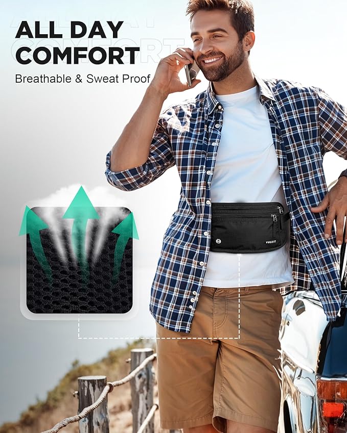 VULKIT Money Belt for Travel, Hidden Passport Holder, Anti-Theft Travel Wallet Under Clothes, RFID Blocking Waist Pouch, Undercover Fanny Pack, Carbon Black