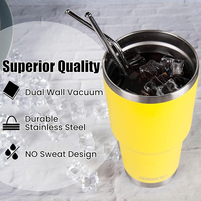 D·S 30oz Yellow Tumbler Stainless Steel Insulated Travel Mug with Straw Lid Cleaning Brush (30oz Yellow)