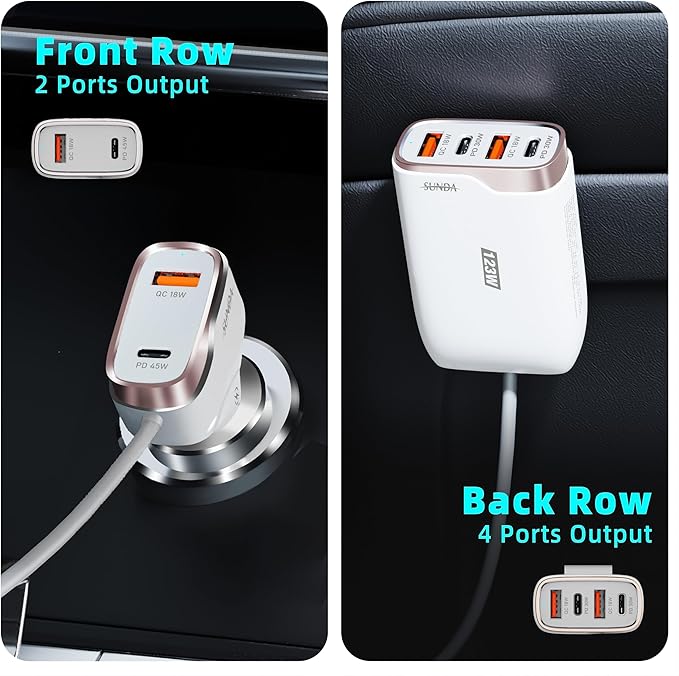 6-Port USB-C Car Charger, 123W Fast, PD 45W Compatible with iPhone16/Galaxy/Samsung S24, Cigarette Lighter Adapter with 5.7FT Cable for Rear Seat Charging (White)