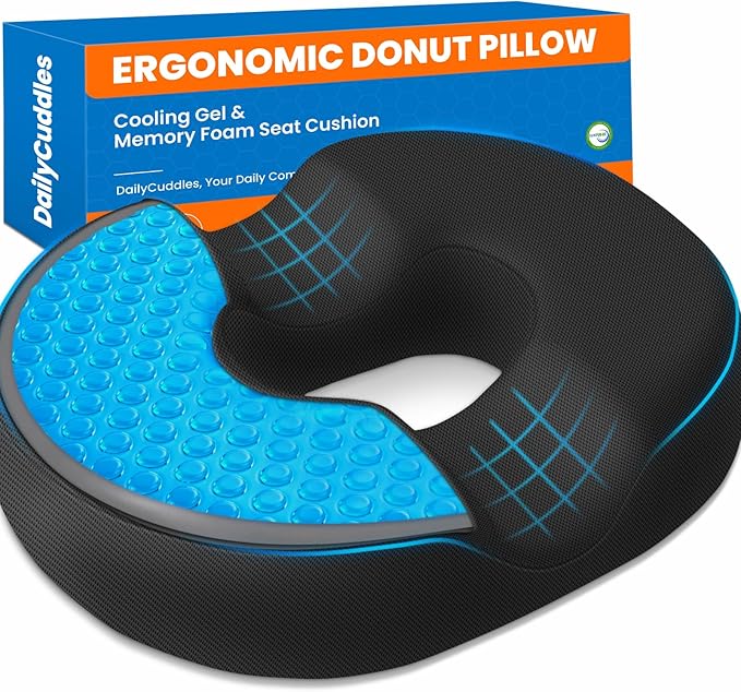 Donut Pillow for Tailbone Pain, Hemorrhoids - Cooling Gel Memory Foam Chair Seat Cushion for Office, Home & Wheelchair, Ergonomic Chair Pad for Pregnancy, Sciatica, Coccyx (XXL, Black)