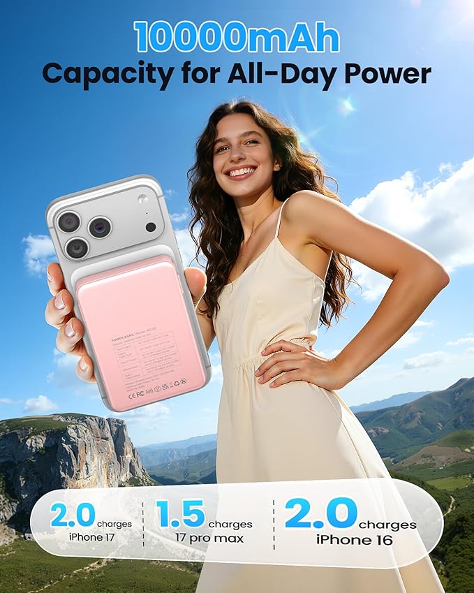 Magnetic Portable Charger, Power Bank Fast Charging 22.5W 10000mAh, Portable Charger with Built in Cable, for Magsafe Battery Pack Compatible with iPhone 17/16/15/14/13/12 Pro/Pro Max, Samsung Pink