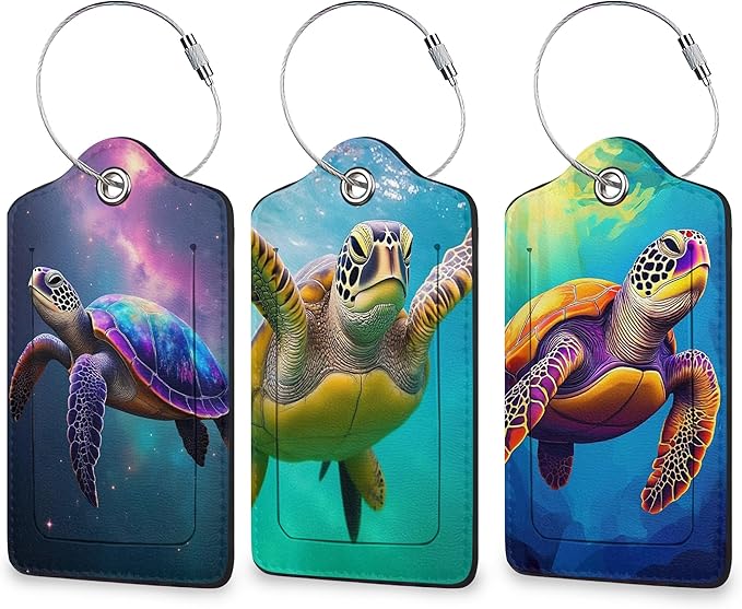 Turtle Luggage Tags for Suitcase 3 Pack, Privacy Cover ID Label with Stainless Steel Loop and Address Card for Travel Bag Suitcase