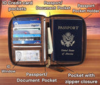 Passport Wallet - Travel Document Holder w/RFID Blocking – Full Grain Leather – Bifold compact zip around Wallet with Credit Card Slots for Women and Men, brown flag, 500-32