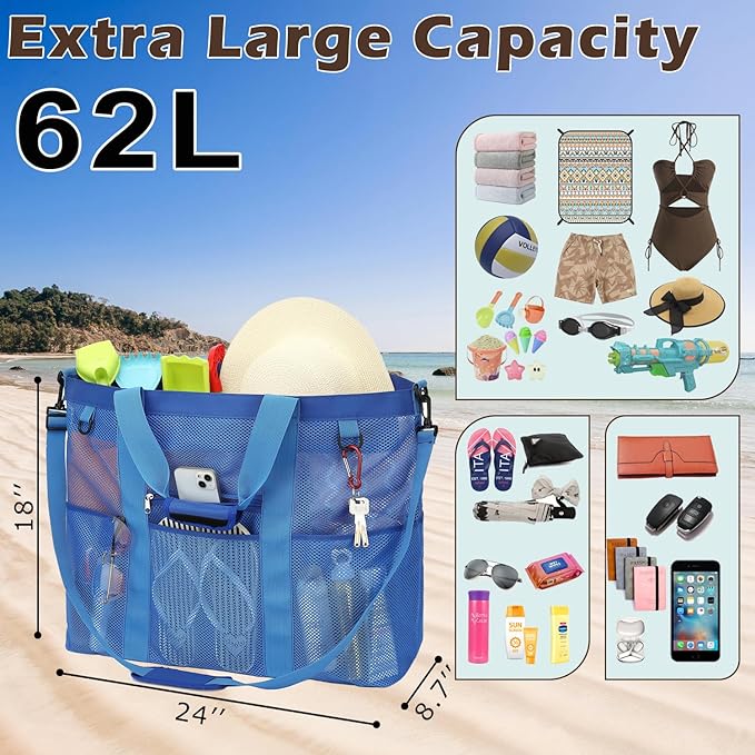 Fammart Mesh Beach Bag with Zipper, Large Beach Tote for Women, Toys Pool Swim Bag Travel Vacation Cruise Essentials