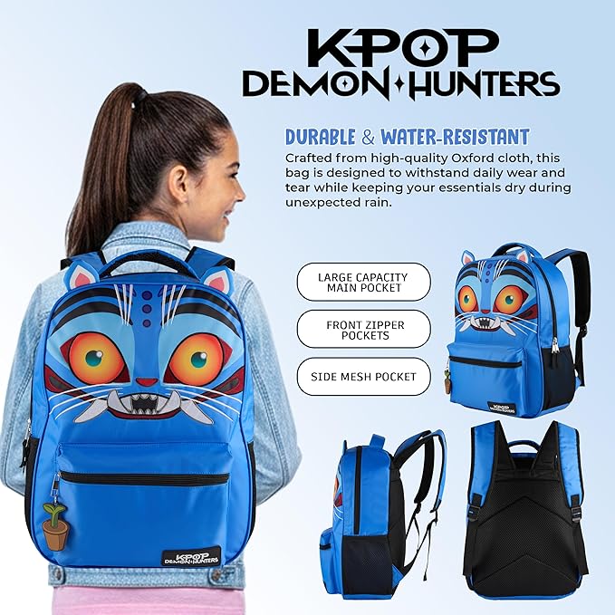 AI ACCESSORY INNOVATIONS K-Pop Demon Hunters 16” Backpack for Girls, Featuring a Big Face Derby with 3D Ears and Embroidery, Rubber Molded Bag Charm, Derby