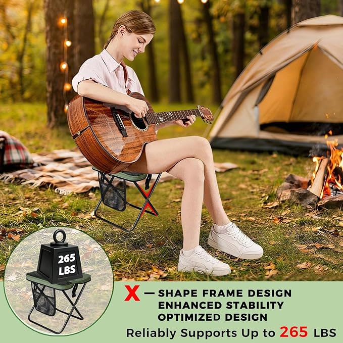 12" Portable Collapsible Stool - Folding Chair with Storage Pouch, Convertible Satchel for Hands-Free Carry & Supports 265Lbs, Ultralight for Hiking, Fishing, Camping, Festivals (Green, Standard)