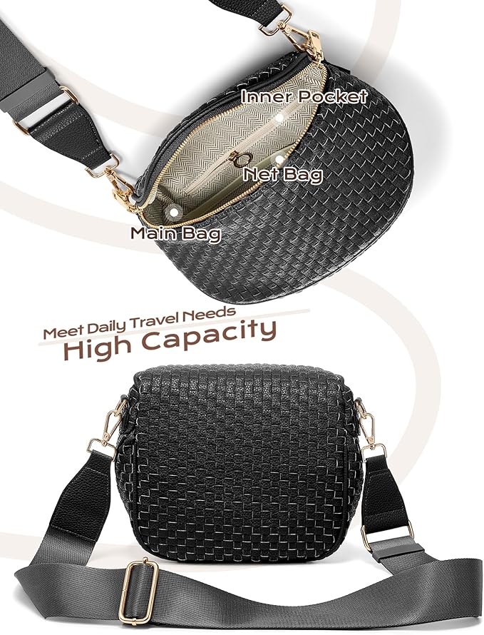 Trendy Woven Checkered Crossbody Bum Bag for Women，PU Leather Checkered Purse Fanny Packs Belt Bag (Woven Bum Bag - Pure Black)
