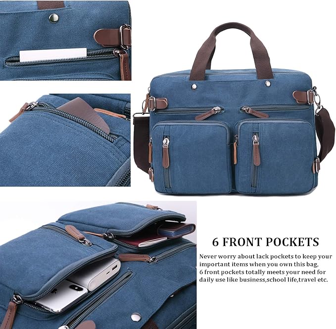 CROCOD 3 In 1 Canvas Convertible Laptop Bag for Men Women, 17.3 inch Laptop Messenger Bag Work Briefcase, Computer Shoulder Bag for Travel Business Office (17.3 Inch, Blue) | 3 In 1, Multi-pocket