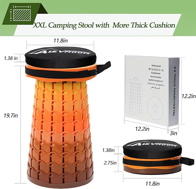 ALEVMOOM Upgraded XXL Collapsilbe Stool with Cushion,More Sturdy and Height 19.7",D11.8,Portable and Lightweight Adjustable Chair Telescoping Stool for Camping Hiking BBQ Max Loading 1000Ibs