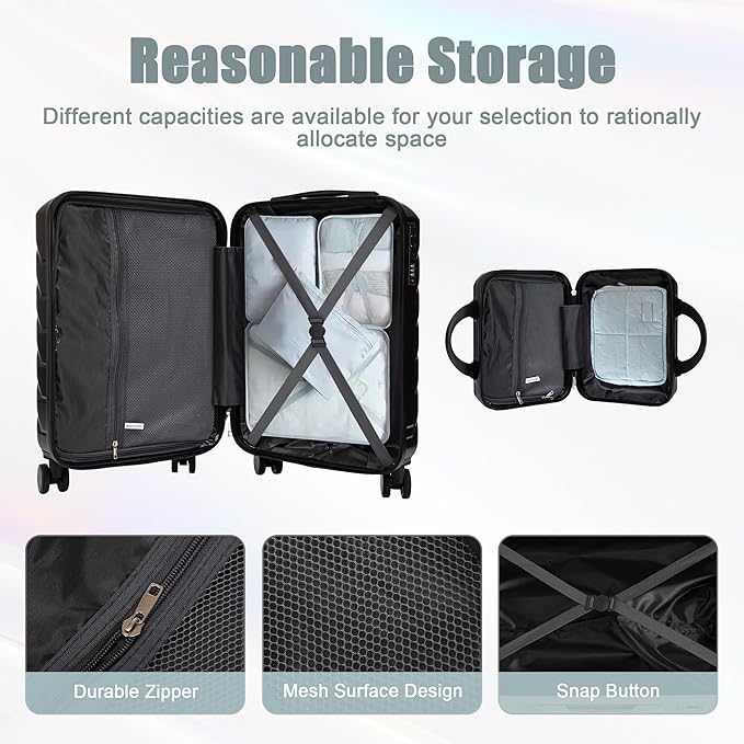 20 Inch Carry on Luggage with 14 Inch Cosmetic Case, 2 Pcs Hardshell Lightweight Durable Spinner Suitcase Set for Travel, Women, Men, TSA Lock, ABS, 20+14 Inch, Black