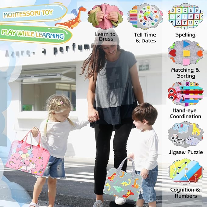 Esjay Toddler Busy Board Montessori Toys for Boys Girls, Sensory Book Educational Activities for Learning Fine Motor Skills, Birthday Gifts for Toddlers, Travel Toys for Airplane Car,Grey Dinosaur