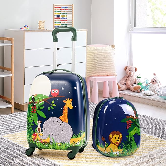 BABY JOY 2 PC Kids Luggage, 16" Toddlers Carry-on Suitcase & 12” Backpack Set, Children Travelling Case w/ 4 Casters & Retractable Handle, Lightweight Trolley Case for Boys & Girls (Elephant)