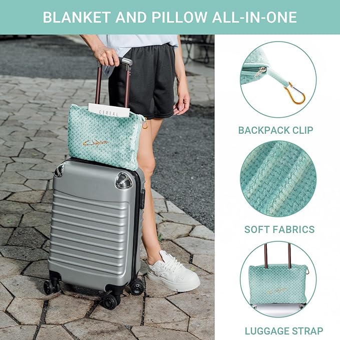 Compact Travel Blanket for Airplane, Premium Soft 2-in-1 Blanket with Pillowcase and Carry Bag, Lightweight Travel Essentials with Luggage Sleeve and Backpack Clip, Mint Green