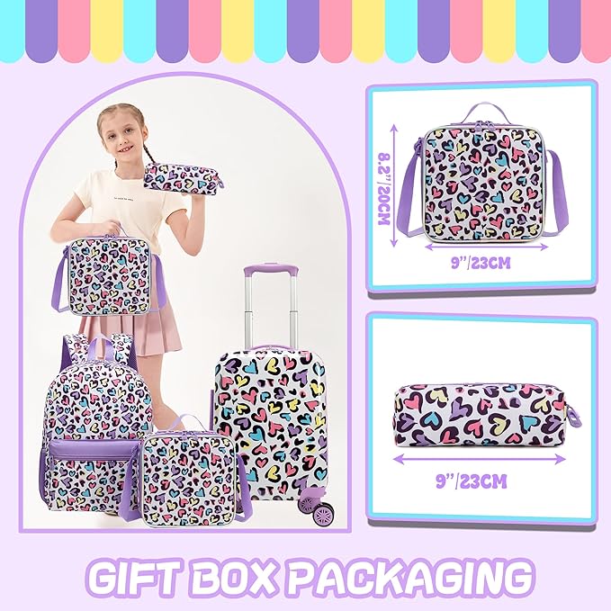 Kids Luggage with Spinner Wheels 5 Piece Carry on Suitcases for Girls Backpack with Lunch Box Pencil Case 16" Toddler Suitcase Set Airline Approved (Bainbow Leopard)