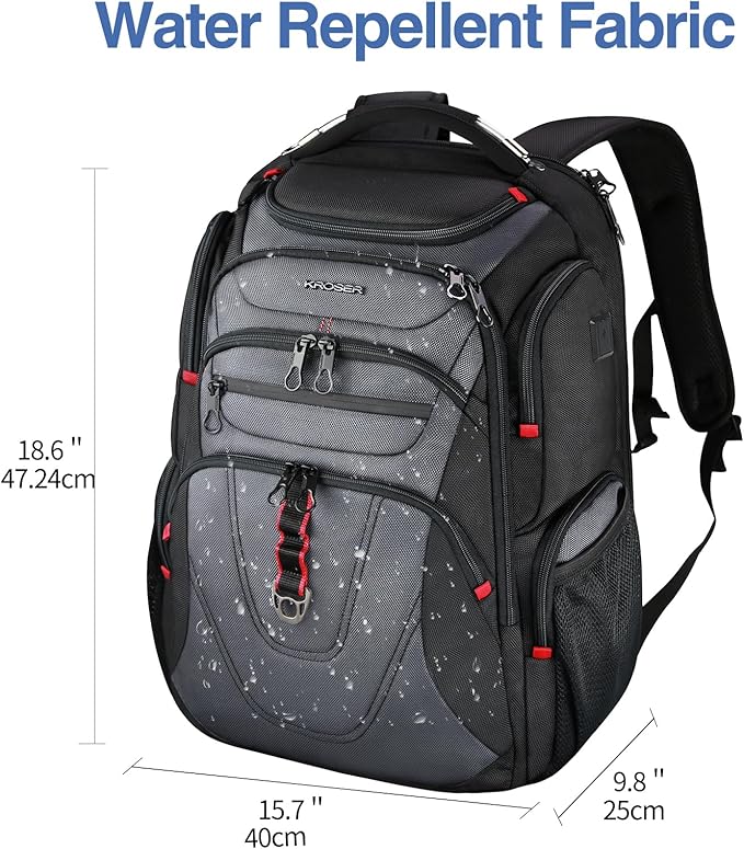 KROSER TSA Friendly Travel Laptop Backpack 17.3 inch XXXL Gaming Backpack Water-Repellent College Daypack Business Backpack with RFID Pockets & USB Port for Men/Women-Black/Grey