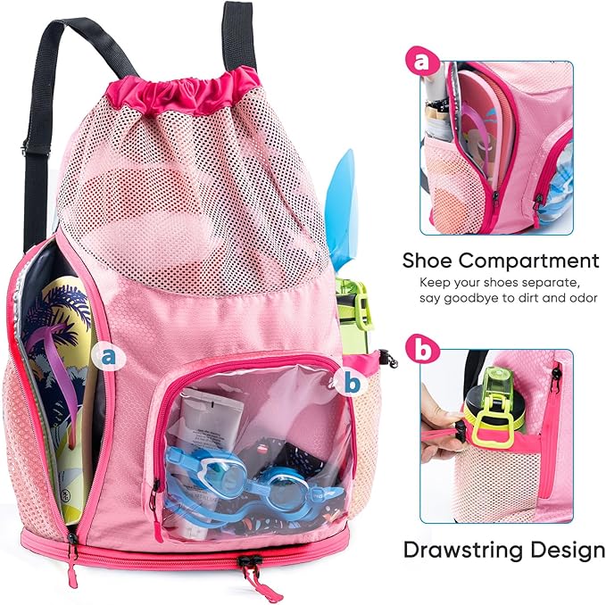 Mesh Drawstring Backpack with Shoe Compartment, Sandproof Beach Swim Bag with Wet Pocket, Pool Gym Shower Bag for Travel Summer Camp