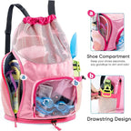 Mesh Drawstring Backpack with Shoe Compartment, Sandproof Beach Swim Bag with Wet Pocket, Pool Gym Shower Bag for Travel Summer Camp
