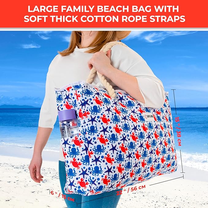 Beach Bag and Pool Bag Has Cooler Pocket, 7 Pockets Total, Zip Top. Family Size Waterproof Beach Tote