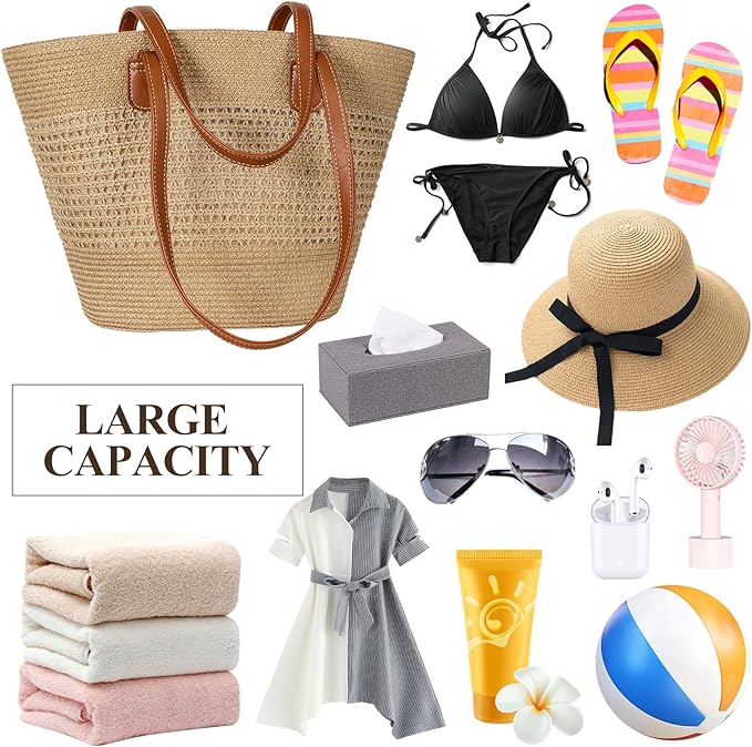 Trifabricy Beach Bags for Women, Large Beach Bag, Woven Straw Tote Bags Waterproof, Weaving Swim Shopping Travel Bag