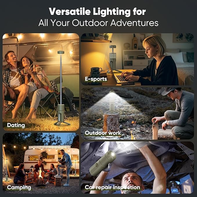 Camping Light Telescopic, Collapsible Tripod Camping Lantern, 12000mAh Rechargeable Camping Lamp with Stand, Dimmable & Portable IPX54 Waterproof Flashlight for Emergency (Military Green)