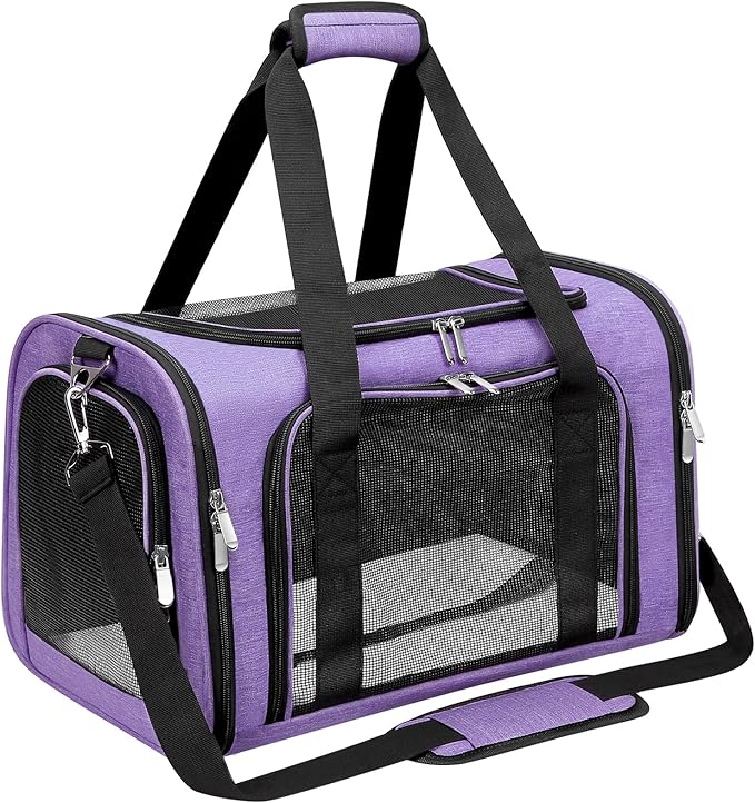 Soft-Sided Cat/Dog/Pet Carrier, Collapsible Pets Travel Carriers for Big Cats/Small Dogs with Shoulder Strap & Removable Mat, Mesh Puppy Carry Bag, Up to 25 Lbs(Purple)
