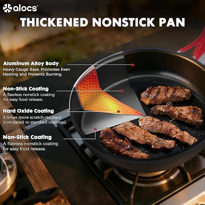 Alocs Camping Cookware Set Camping Gear, Compact Camping Pots and Pans Set, Durable Hard Alumina Camping Cooking Set for Outdoor Backpacking Camping Hiking Picnic, Included Mesh Carry Bag
