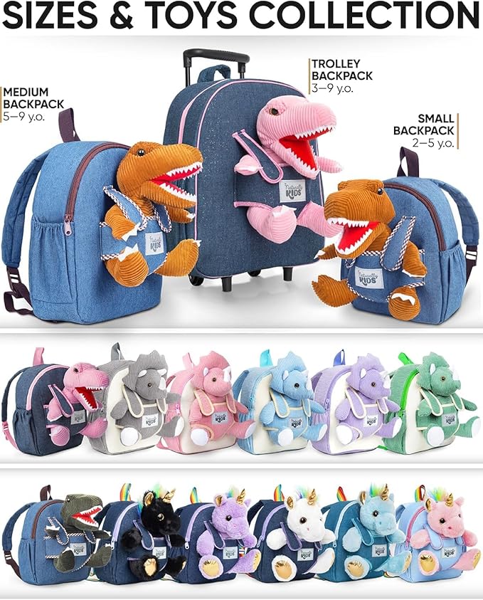 Naturally KIDS 【Upgraded】 Toddler Backpack with Detachable Dinosaur Toy for Boys | Side & Inner Pockets, Reflective Logo | Dinosaur Backpack for Kids 3-5