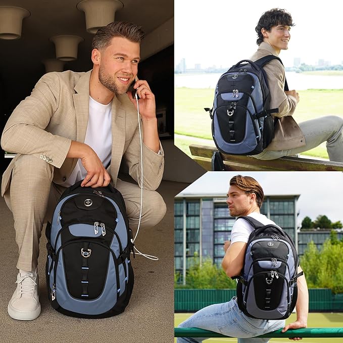 Swissdigital Design Laptop Backpack, Travel Backpack with USB Charging Port Fits 15.6 inches Computer, 31L College School Bookbag for Men,Haze Blue/Black | SD803-16