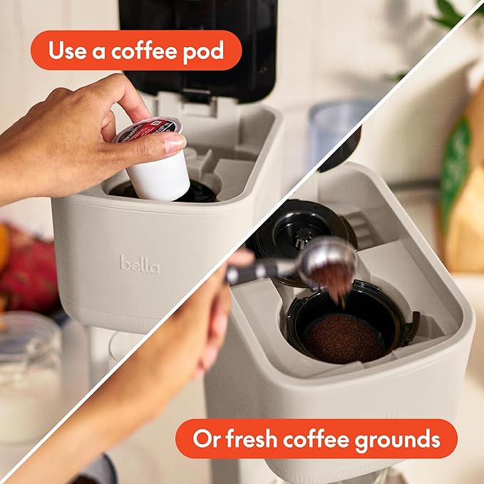 BELLA Single Serve Coffee Maker, K Cup & Coffee Ground Compatible with Removable, Adjustable Drip Tray, Auto Shutoff & Reusable Dishwasher Safe Accessories, Brews 6oz to 14oz, 1000 Watt, Oatmilk