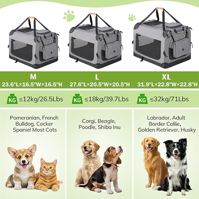 Morpilot 32-inch Portable Collapsible Dog Crate: Travel Dog Crate Soft-Sided for Medium Large Dogs up to 70lbs, with Foldable Bowl, Shoulder Strap & Storage Pockets, Grey
