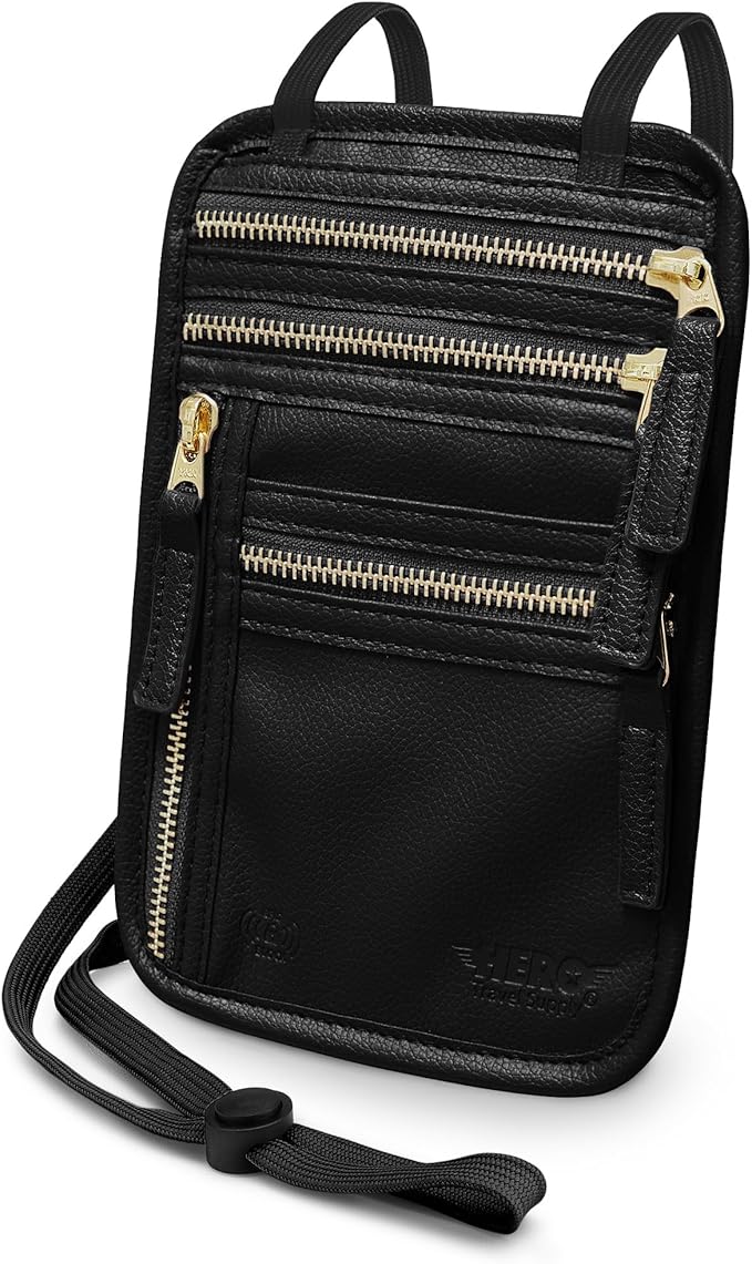 HERO Neck Wallet, RFID Blocking Vegan Leather Passport Holder Travel Pouch (Black)