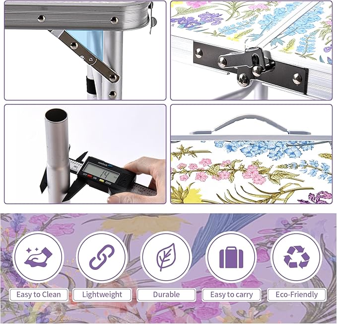 Yriuat Folding Camping Table 3ft Portable Pinic Table Adjustable Height Small Card Table Aluminum Foldable Lightweight with Carry Handle for Outdoor Indoor Hiking Camp BBQ Beach (Blooming Floral)