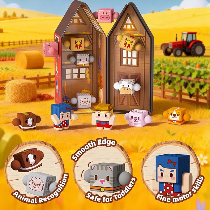 GobiDex Magnetic Farm Figures Set with Animals & People, Portable Tin Box for Role Play & STEM Education, Travel Toy Compatible with Magnet Building Blocks for Kids 3+