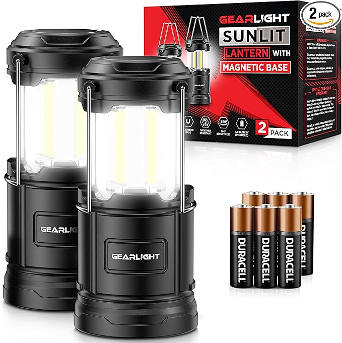 GearLight Camping Lantern - 2 Portable LED Battery Powered Lantern with Magnetic Base and Foldable Hook for Emergency Use or Campsites, Essential Hurricane Survival Kit with Batteries - Black