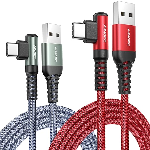 AINOPE USB Type C Cable [2-Pack, 6.6ft] 3.1A USB Fast Charge Cable Right Angle，Resistant Nylon Braided USB C Charging Cable Compatible with Galaxy S10 S9 S8 Plus S21, Note 10 9 8, V20