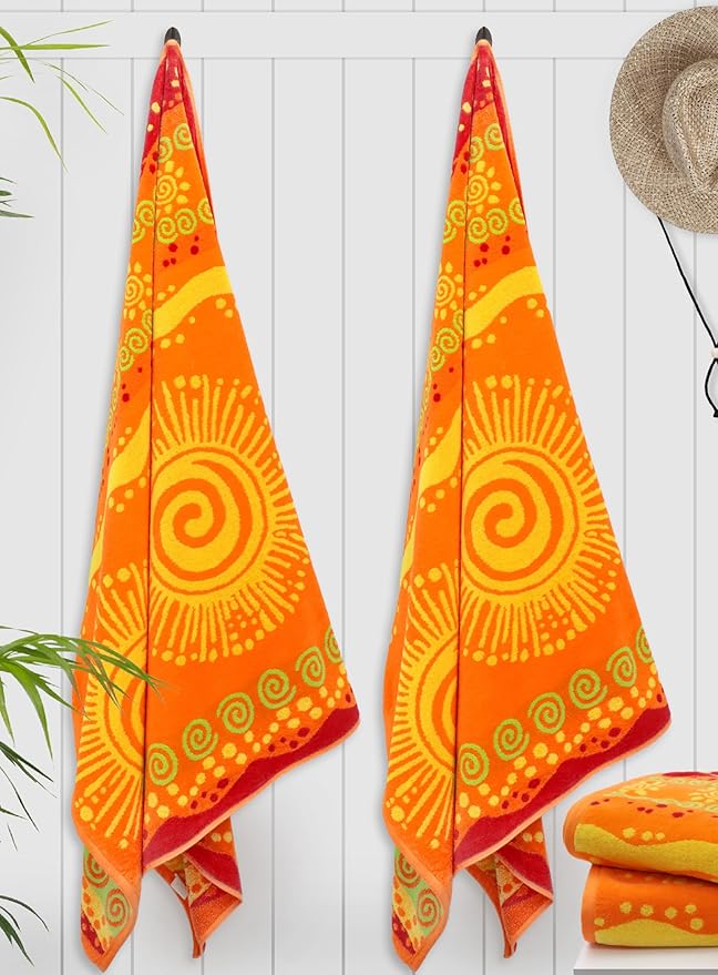 COTTON CRAFT Oversized Beach Towel - 2 Pack 35x70 XL Towels - 100% Cotton Big & Huge Pool Bath Towel - Plush Terry Jacquard Velour 450 GSM Super Soft Absorbent Luxury - Sunshine Orange Yellow