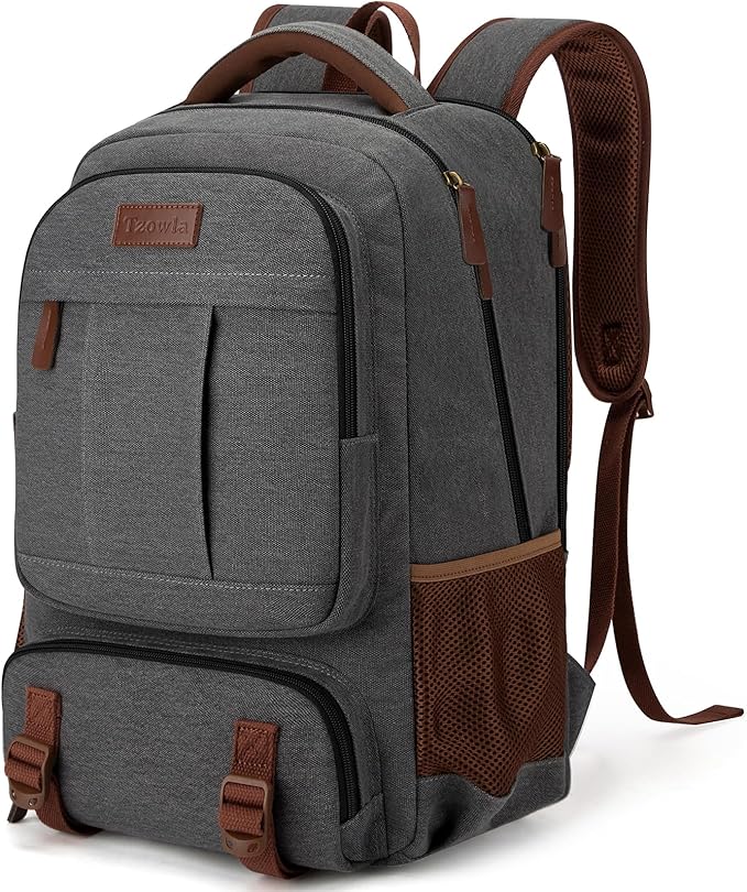 Tzowla Canvas Laptop Backpack, Bag for Men Women,Travel Work Rucksack Fits 17.3 Inch Laptop, Large Capacity Bookbag(Dark Grey)