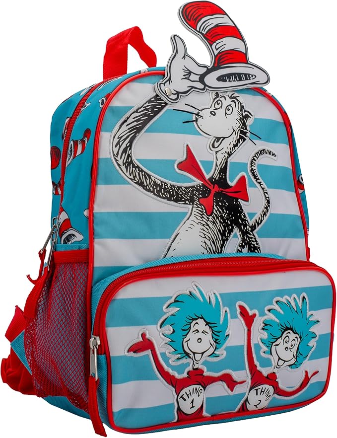 AI ACCESSORY INNOVATIONS Dr. Seuss's The Cat In The Hat Mini Backpack, 12" x 10" x 4", Kids School Bag with Thing One and Thing Two Design, White/Red/Blue