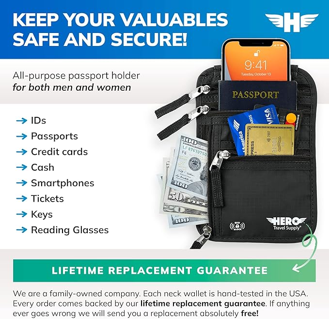 HERO Neck Wallet - RFID Blocking Passport Holder, Easy to Conceal Travel Pouch (Black)