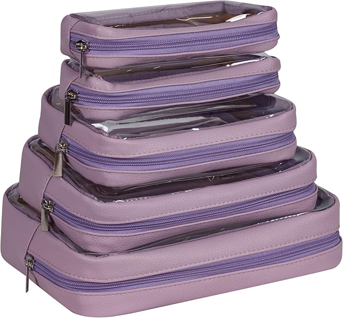 Remobia Hicol TSA Approved 5-Piece Diaper Bag Organizer Pouch Set Clear Waterproof TPU Kids Toiletry Storage Set Travel Packing Clutch Cube Bags for Baby Nursing (Purple)
