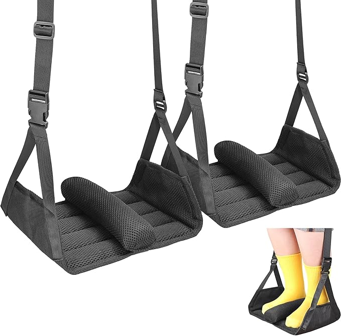 2-Pack No Collapse Airplane Foot Hammock, Foldable Bamboo Base Foot Hammock for Plane Travel with Interval Sponge, Portable Desk Foot Hammock, Airplane Travel Essentials