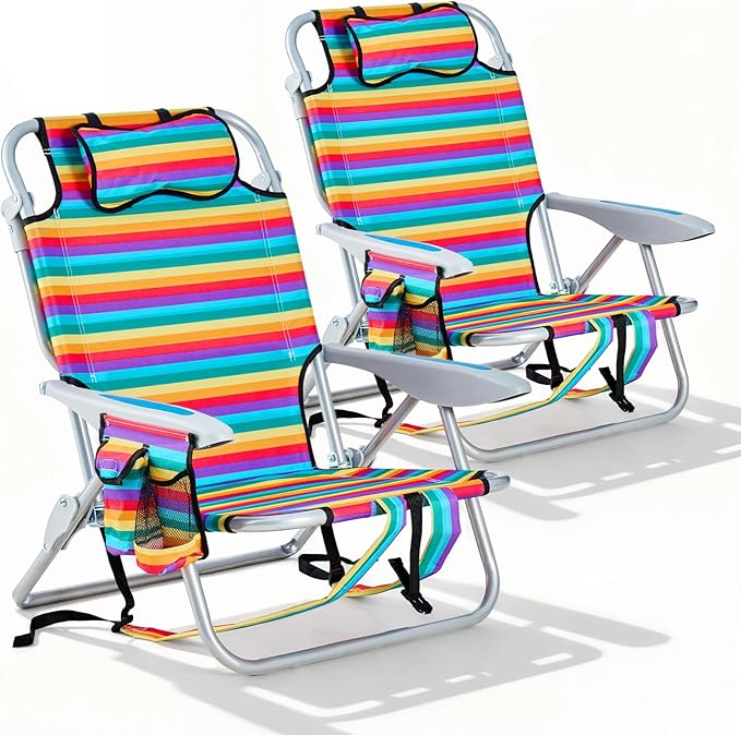 2 Pack Lightweight Portable Camping Beach Chair for Adult, Outdoor Lay Flat Folding Beach Chairs with 5 Position, Backpack Beach Chair with Towel Bar, Zipper Pouch, Cup Holder, Rainbow Striped
