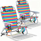 2 Pack Lightweight Portable Camping Beach Chair for Adult, Outdoor Lay Flat Folding Beach Chairs with 5 Position, Backpack Beach Chair with Towel Bar, Zipper Pouch, Cup Holder, Rainbow Striped