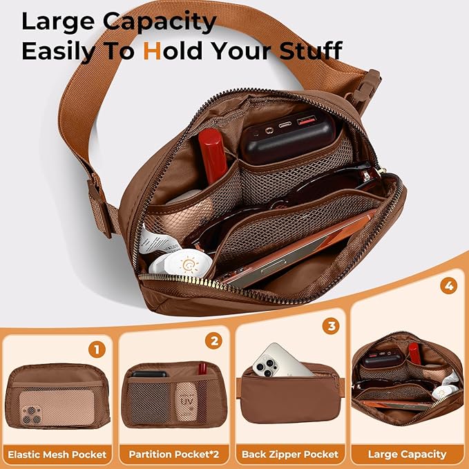 Belt Bag Zipper Fanny Pack Crossbody Bags for Women,Fashion Nylon Waist Packs, Water Repellent Two Way wear with Adjustable Strap Gifts for Teenage Girls Women Men(Brown)