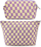 SOIDRAM 2 Pcs Checkered Makeup Bag Large Cosmetic Bag Toiletry Bag Makeup Pouch Travel Bag Organizer Cute Makeup Brushes Aesthetic Accessories Storage Bag for Women Purple