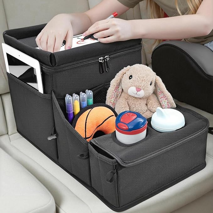 Car organizer for kids ，Backseat Organizer for Kids and Passenger Seat Organizer for Adults ，Car Seat Cooler and Warmer with Cup Holders and Convertible Tray Lid(Black)