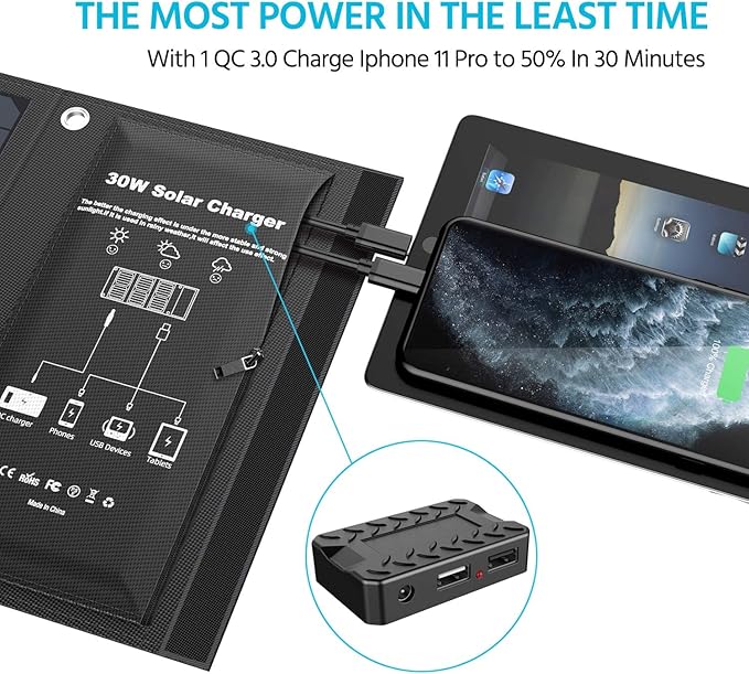 Solar Charger 30W Solar Panel QC3.0 USB and 1DC(18V1.66A) Ports Foldable Panel Has High Conversion Rate Portable Solar Phone Charger for USB Devices and DC Devices